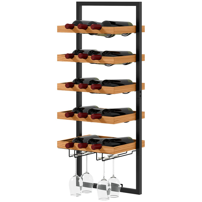 Wall-mounted 5-tier wine rack, holds 15 bottles and 4 glasses