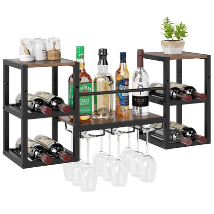 Wall-Mounted Wine Rack with Glass Holder, 8 Bottles, Rustic Brown