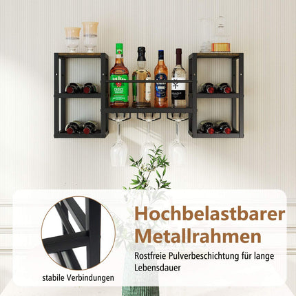 Wall-Mounted Wine Rack with Glass Holder, 8 Bottles, Rustic Brown