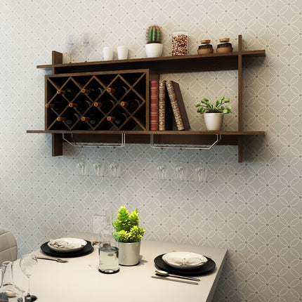 Wall-Mounted Wine Rack with Glass Holder, Holds 10 Bottles