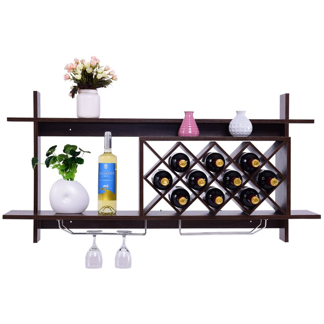 Wall-Mounted Wine Rack with Glass Holder, Holds 10 Bottles