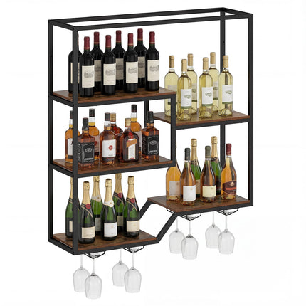 Wall-Mounted Wine Rack with Glass Holder, Rustic Brown