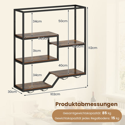 Wall-Mounted Wine Rack with Glass Holder, Rustic Brown