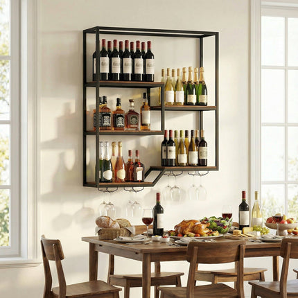 Wall-Mounted Wine Rack with Glass Holder, Rustic Brown