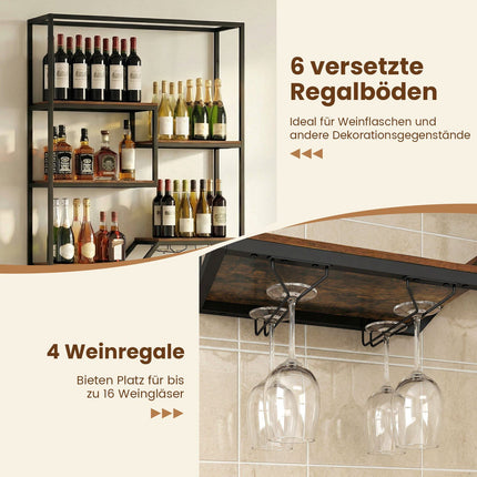 Wall-Mounted Wine Rack with Glass Holder, Rustic Brown