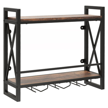 Wall-Mounted Wine Rack with Glass Holders, Rustic Brown