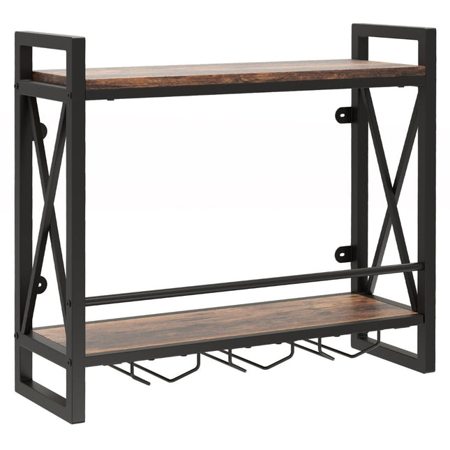 Wall-Mounted Wine Rack with Glass Holders, Rustic Brown