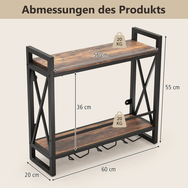 Wall-Mounted Wine Rack with Glass Holders, Rustic Brown