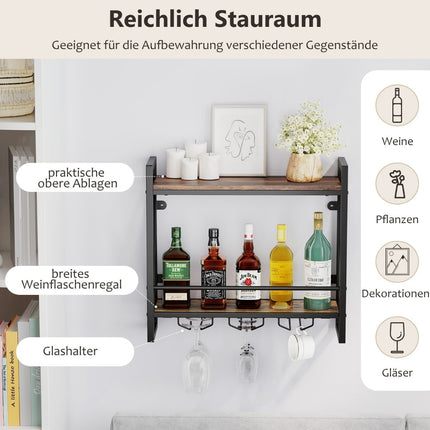Wall-Mounted Wine Rack with Glass Holders, Rustic Brown