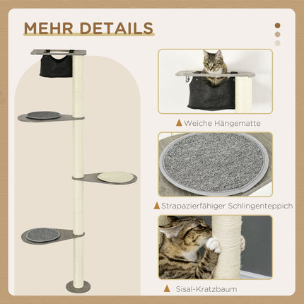 Cat tree with hammock, platforms and scratching post, 185 cm - grey/cream