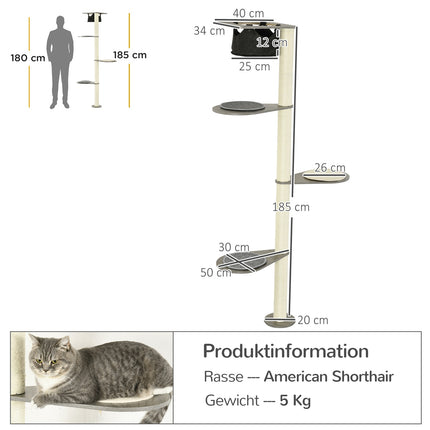 Cat tree with hammock, platforms and scratching post, 185 cm - grey/cream