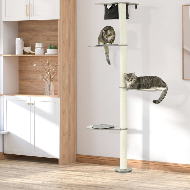 Cat tree with hammock, platforms and scratching post, 185 cm - grey/cream