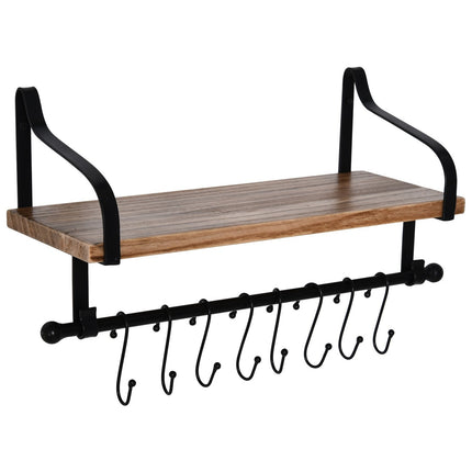 Floating wall shelf with 8 hooks, solid wood, black/natural