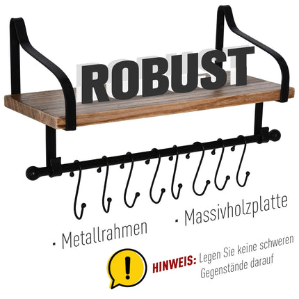 Floating wall shelf with 8 hooks, solid wood, black/natural