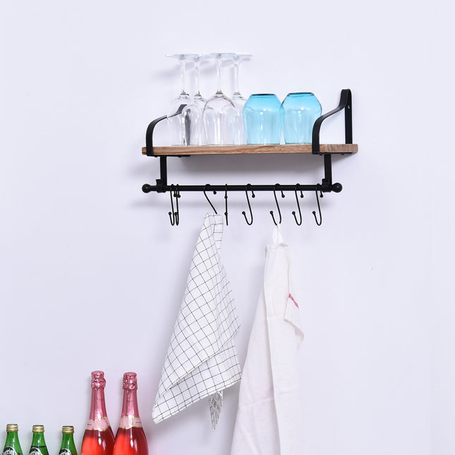 Floating wall shelf with 8 hooks, solid wood, black/natural