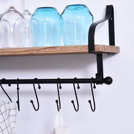 Floating wall shelf with 8 hooks, solid wood, black/natural