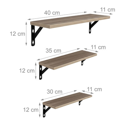 Wall Shelves Set, 3 Sizes, Wood and Steel