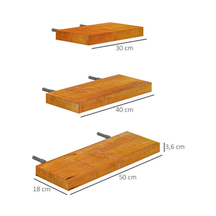 Floating wall shelves set of 3, solid wood, brown