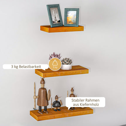 Floating wall shelves set of 3, solid wood, brown