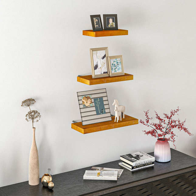 Floating wall shelves set of 3, solid wood, brown