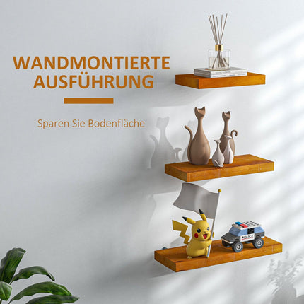 Floating wall shelves set of 3, solid wood, brown