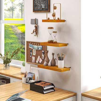 Floating wall shelves set of 3, solid wood, brown