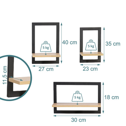 Wall Shelves Set of 3 – Floating MDF with Metal Frame