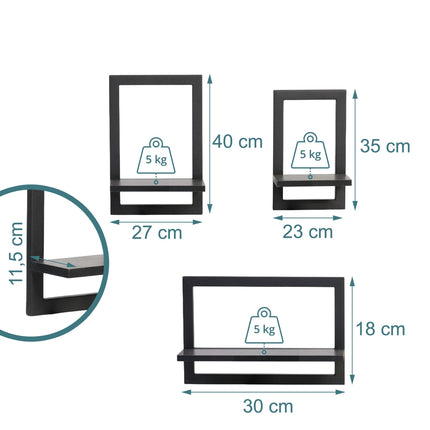 Wall Shelves Set of 3 – Floating MDF with Metal Frame