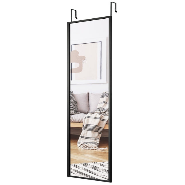 Wall mirror, door mirror, full-length mirror with height-adjustable hanging hooks, black