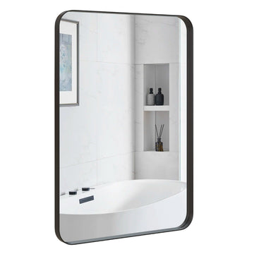Wall mirror with metal frame and rounded corners, modern make-up mirror, black