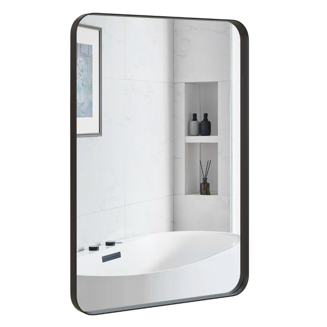 Wall mirror with metal frame and rounded corners, modern make-up mirror, black