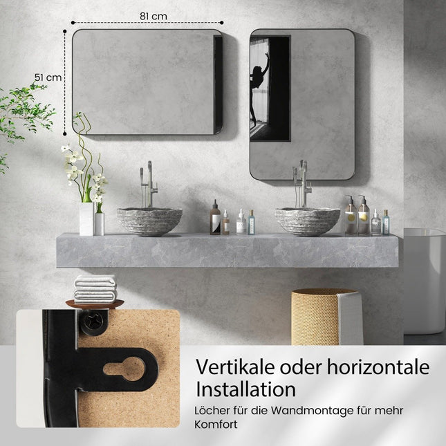 Wall mirror with metal frame and rounded corners, modern make-up mirror, black