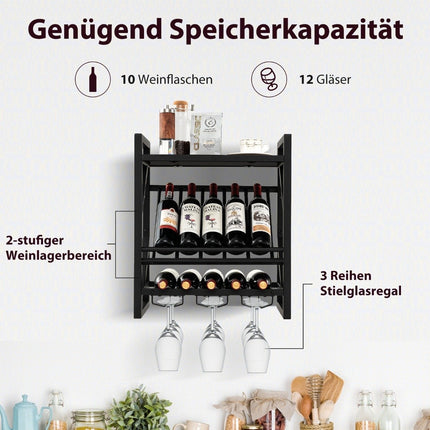 Wall mounted wine rack with 2 tier wine bottle rack & 3 rows for wine glass holder space saving wall wine rack