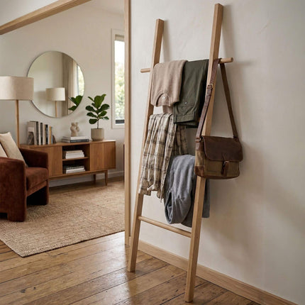 Walnut Towel Ladder with 4 Rungs and Side Hooks