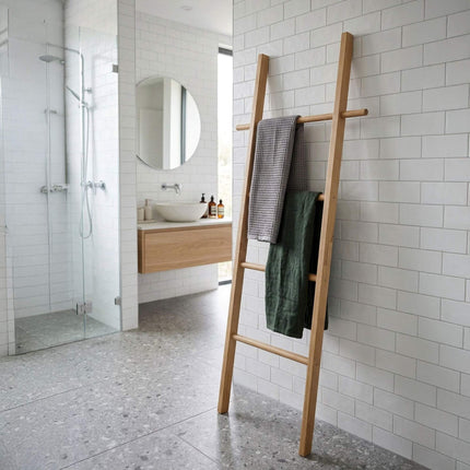Walnut Towel Ladder with 4 Rungs and Side Hooks