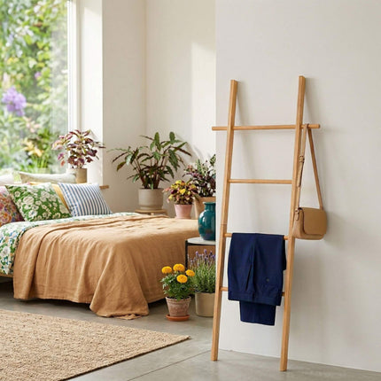Walnut Towel Ladder with 4 Rungs and Side Hooks