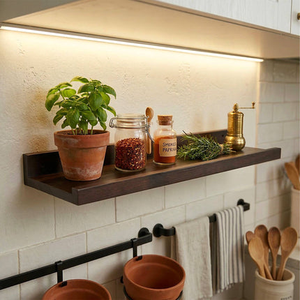Walnut Wall Shelf Picture Ledge – Narrow, Raised Lip