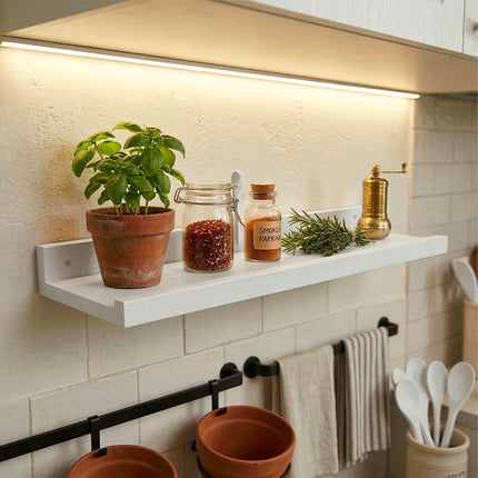 Walnut Wall Shelf Picture Ledge, Narrow With Raised Lip