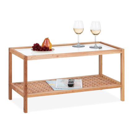 Walnut side table with glass shelf