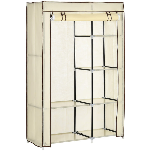 Folding fabric wardrobe - cream, 2 rails, 6 shelves