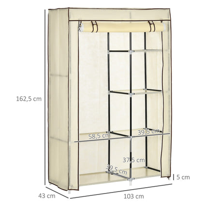 Folding fabric wardrobe - cream, 2 rails, 6 shelves