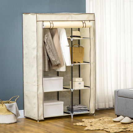 Folding fabric wardrobe - cream, 2 rails, 6 shelves