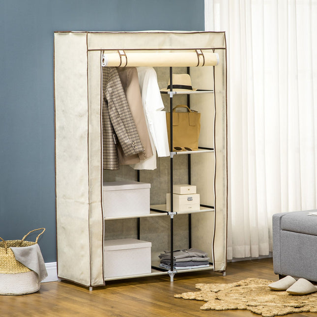 Folding fabric wardrobe - cream, 2 rails, 6 shelves