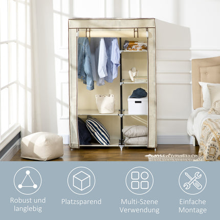 Folding fabric wardrobe - cream, 2 rails, 6 shelves