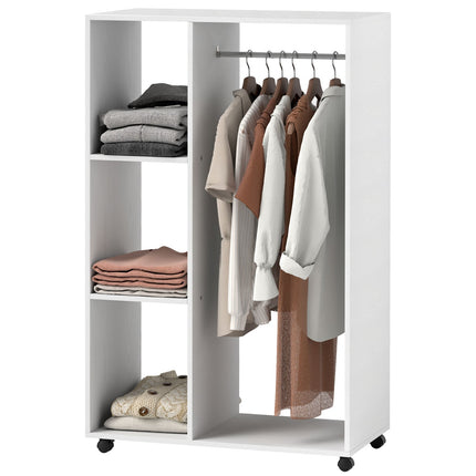 Kledingkast op wielen, mobiele kledingkast, 1 kledingroede, 3 planken, kledingkast, verrijdbaar kledingrek voor gang, slaapkamer, 80 x 40 x 128 cm, wit