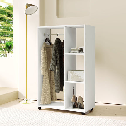 Kledingkast op wielen, mobiele kledingkast, 1 kledingroede, 3 planken, kledingkast, verrijdbaar kledingrek voor gang, slaapkamer, 80 x 40 x 128 cm, wit