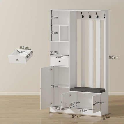 Wardrobe with Clothes Rack, Shoe Bench, Hooks, MDF, White