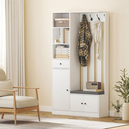 Wardrobe with Clothes Rack, Shoe Bench, Hooks, MDF, White