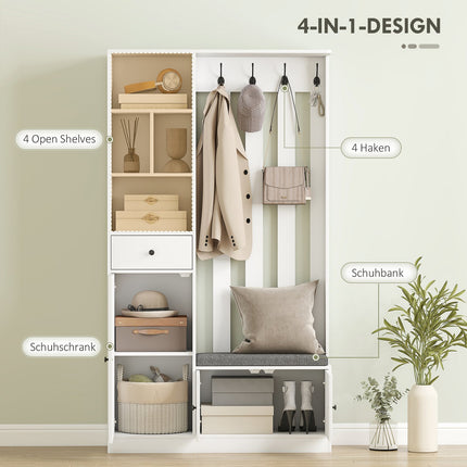 Wardrobe with Clothes Rack, Shoe Bench, Hooks, MDF, White