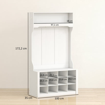Wardrobe with Shelf, Bench, Hooks, Shoe Compartments, White